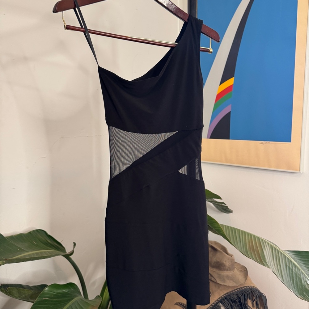 B Darlin One Shoulder Black Dress with Mesh Detail - Picture 5 of 5